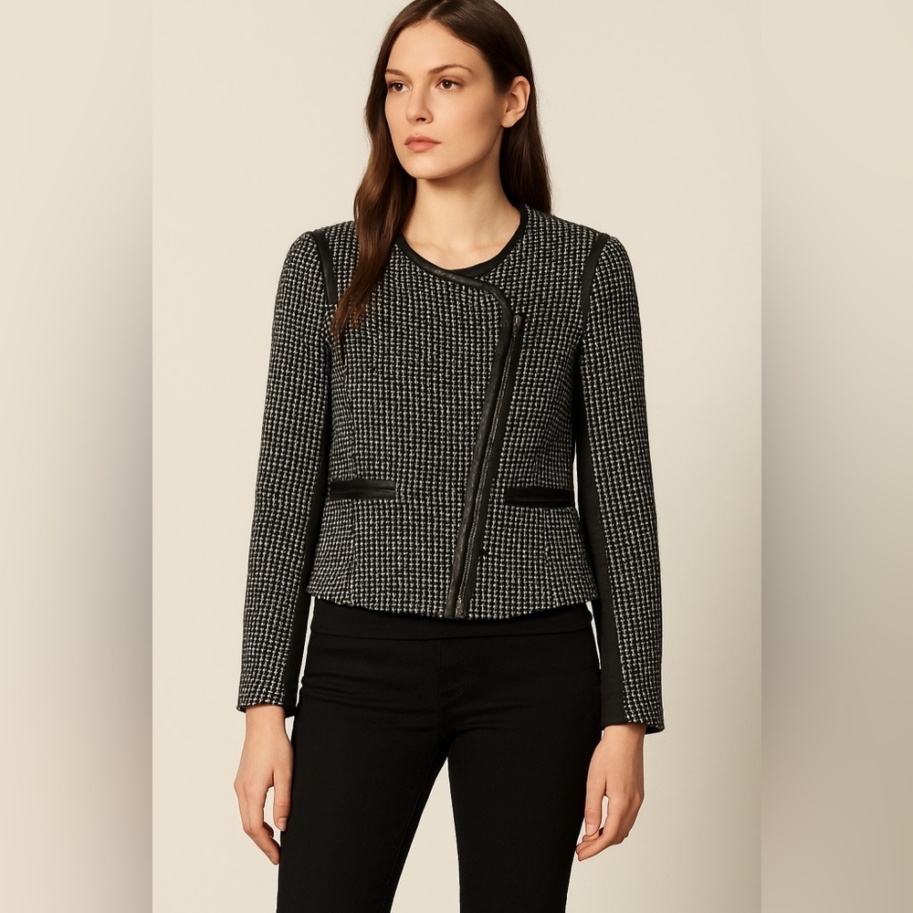 Sandro Tweed Moto Jacket Black & White Size L